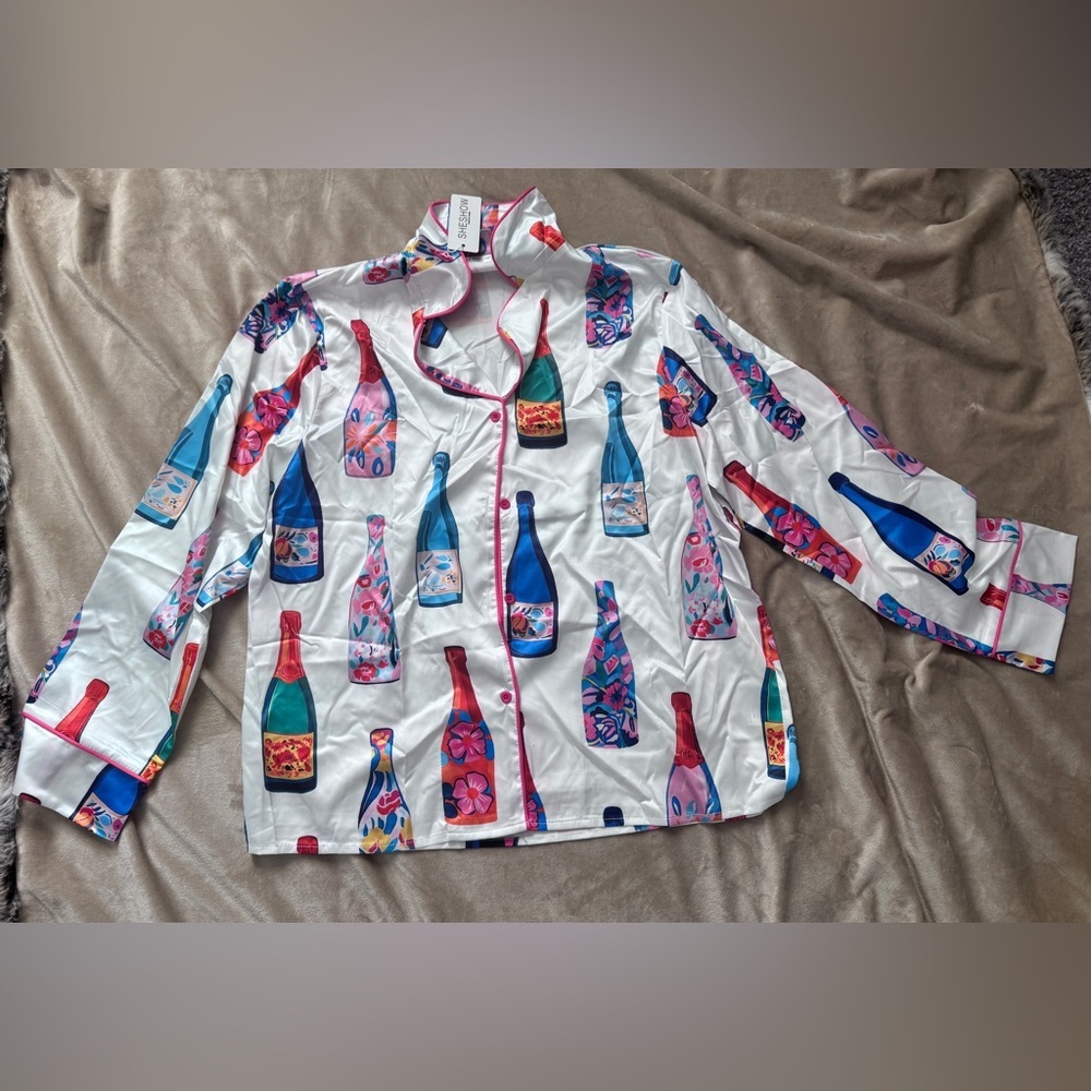 NWT SHESHOW Silky White Bottle-Print Pajama Set-Medium - Picture 2 of 7